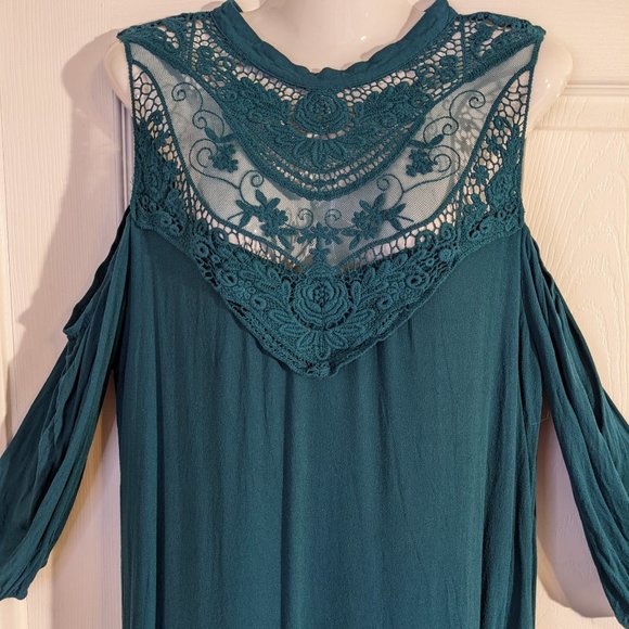 Symphony Deep Teal Cold Shoulder Lace Midi Dress - size 3 XL NWOT - Picture 2 of 8